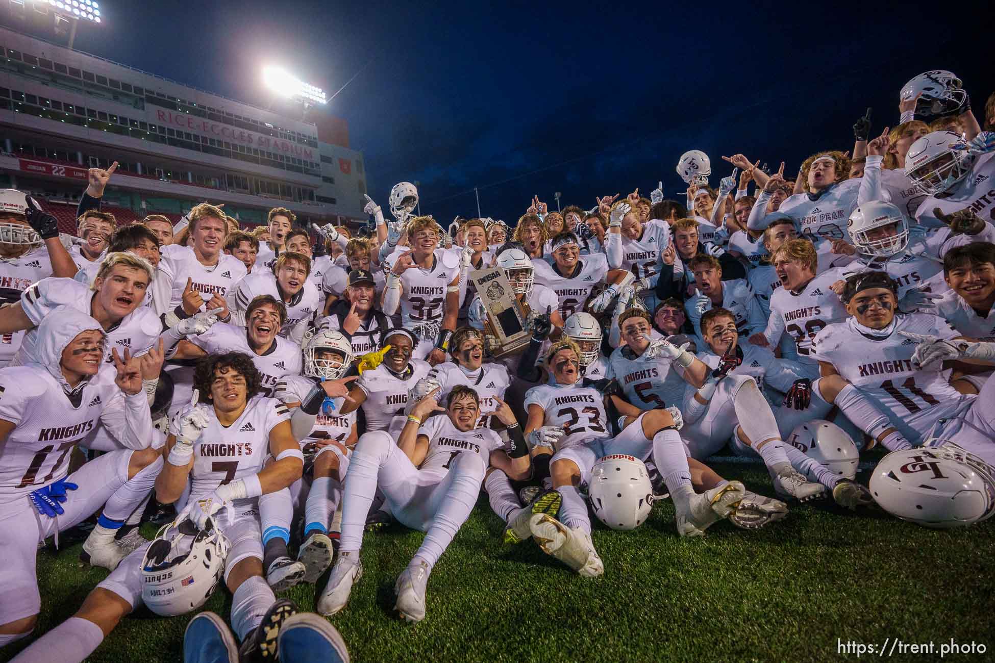 (Trent Nelson  |  The Salt Lake Tribune) Lone Peak celebrates their win over Corner Canyon in the 6A high school football championship game in Salt Lake City on Friday, Nov. 19, 2021.