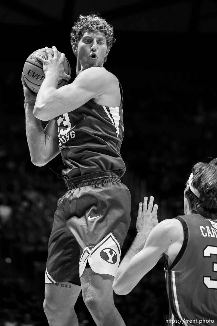 (Trent Nelson  |  The Salt Lake Tribune) Brigham Young Cougars forward Caleb Lohner (33) rebounds as the Utah Utes host BYU, NCAA basketball in Salt Lake City on Saturday, Nov. 27, 2021.