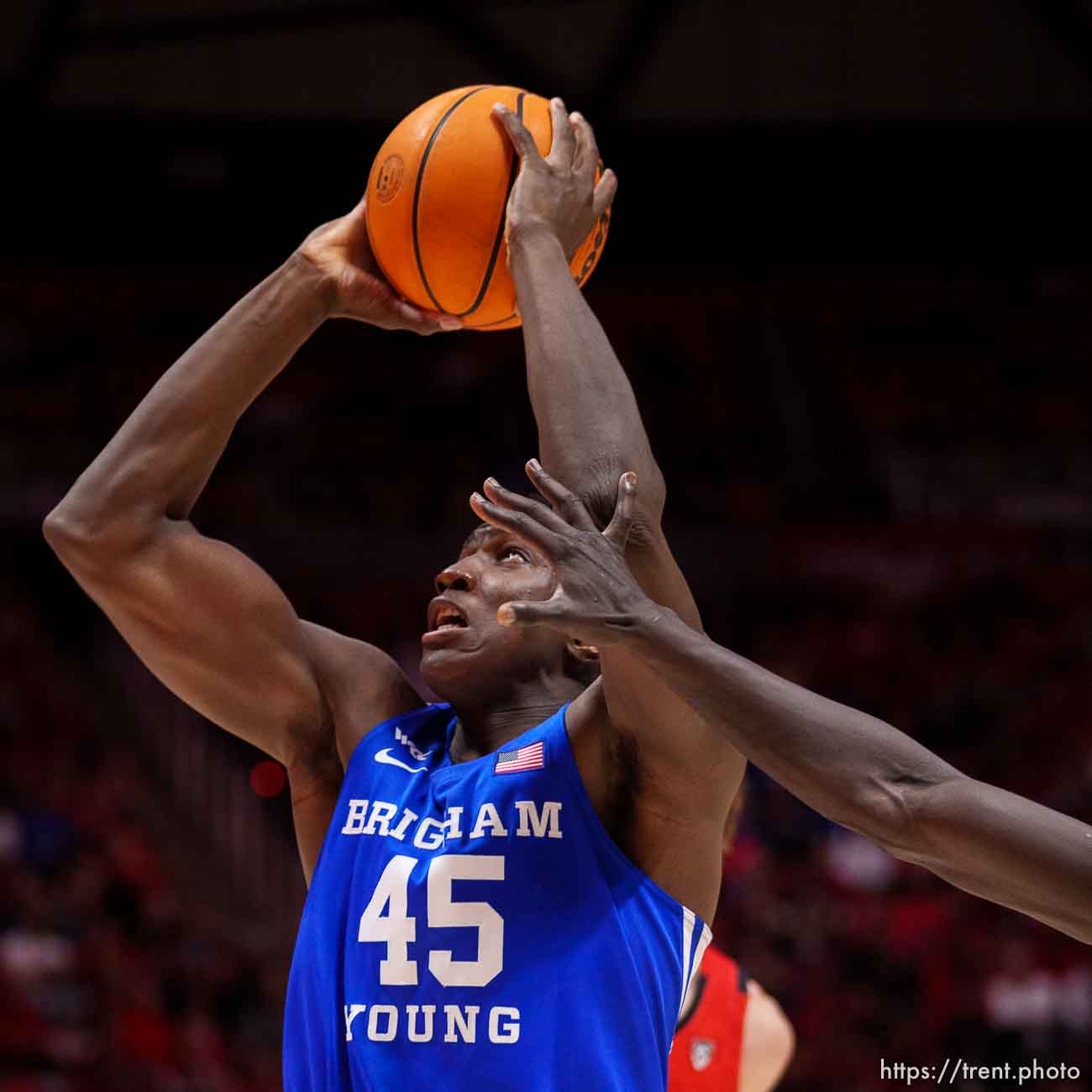 (Trent Nelson  |  The Salt Lake Tribune) Brigham Young Cougars forward Fousseyni Traore (45) as the Utah Utes host BYU, NCAA basketball in Salt Lake City on Saturday, Nov. 27, 2021.