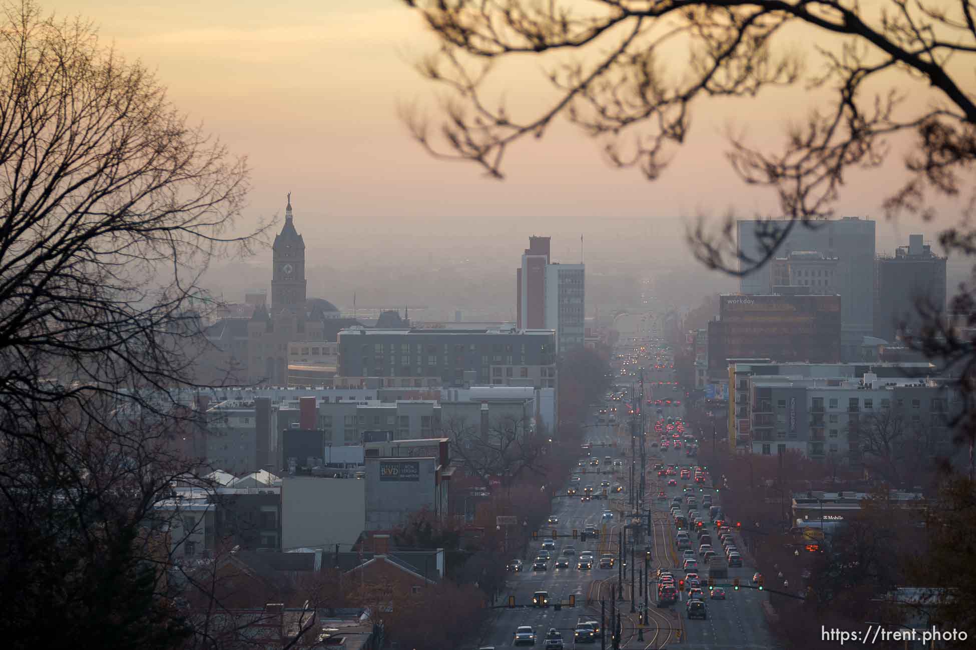 (Trent Nelson  |  The Salt Lake Tribune) A hazy sunset over Salt Lake City on Tuesday, Nov. 30, 2021.