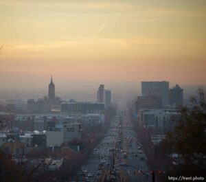 (Trent Nelson  |  The Salt Lake Tribune) A hazy sunset over Salt Lake City on Tuesday, Nov. 30, 2021.