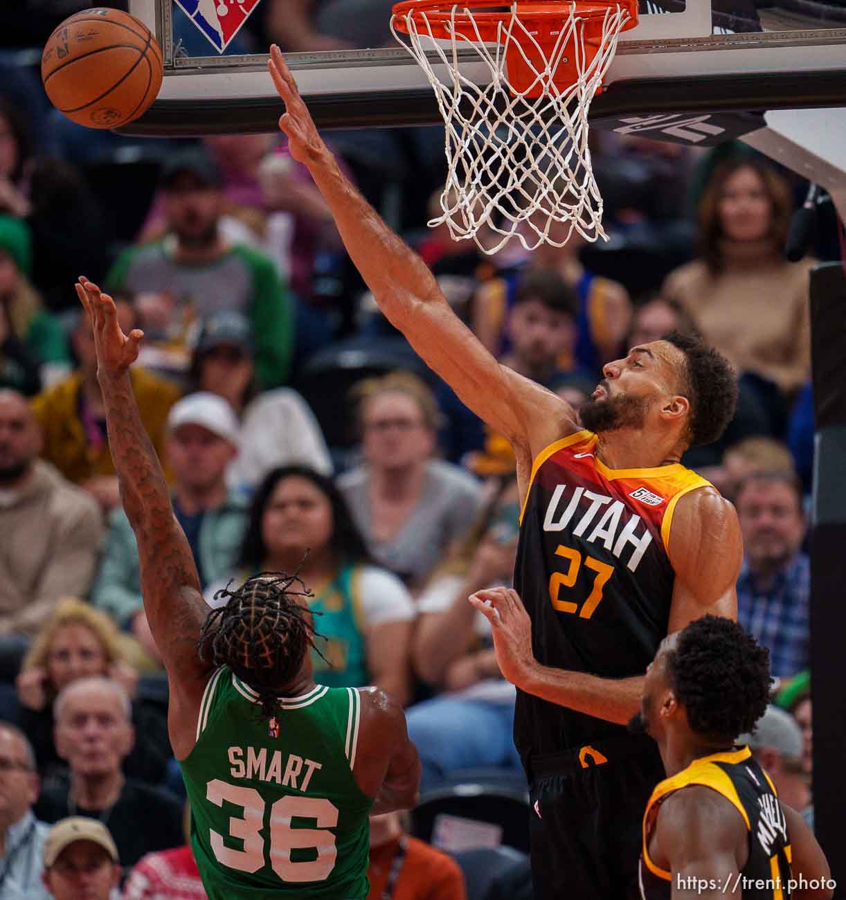 (Trent Nelson  |  The Salt Lake Tribune) Utah Jazz center Rudy Gobert (27) blocks Boston Celtics guard Marcus Smart (36) as the Utah Jazz host the Boston Celtics, NBA basketball in Salt Lake City on Friday, Dec. 3, 2021.