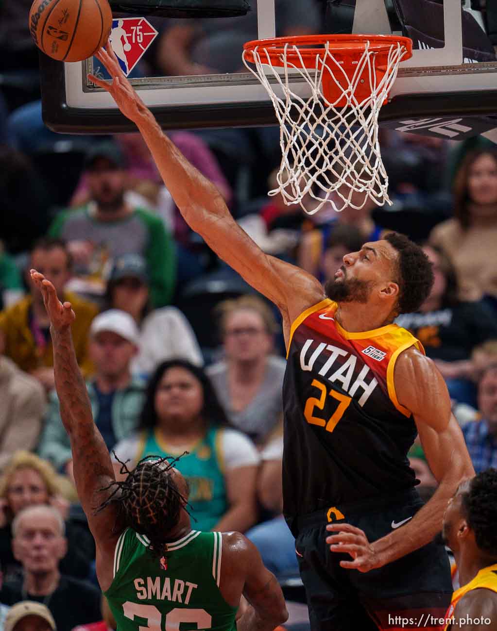 (Trent Nelson  |  The Salt Lake Tribune) Utah Jazz center Rudy Gobert (27) blocks Boston Celtics guard Marcus Smart (36) as the Utah Jazz host the Boston Celtics, NBA basketball in Salt Lake City on Friday, Dec. 3, 2021.