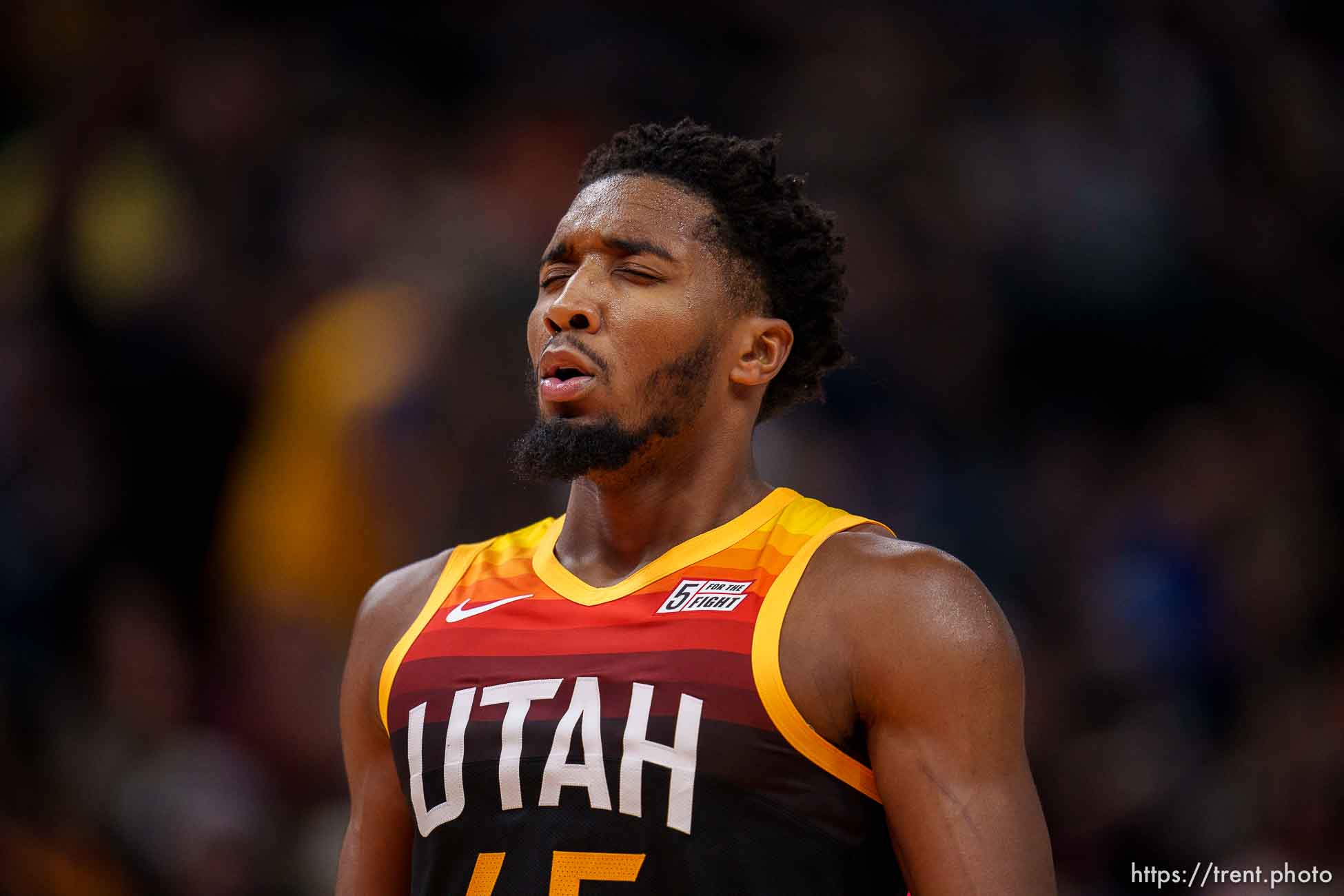 (Trent Nelson  |  The Salt Lake Tribune) Utah Jazz guard Donovan Mitchell (45) at the free throw line as the Utah Jazz host the Boston Celtics, NBA basketball in Salt Lake City on Friday, Dec. 3, 2021.