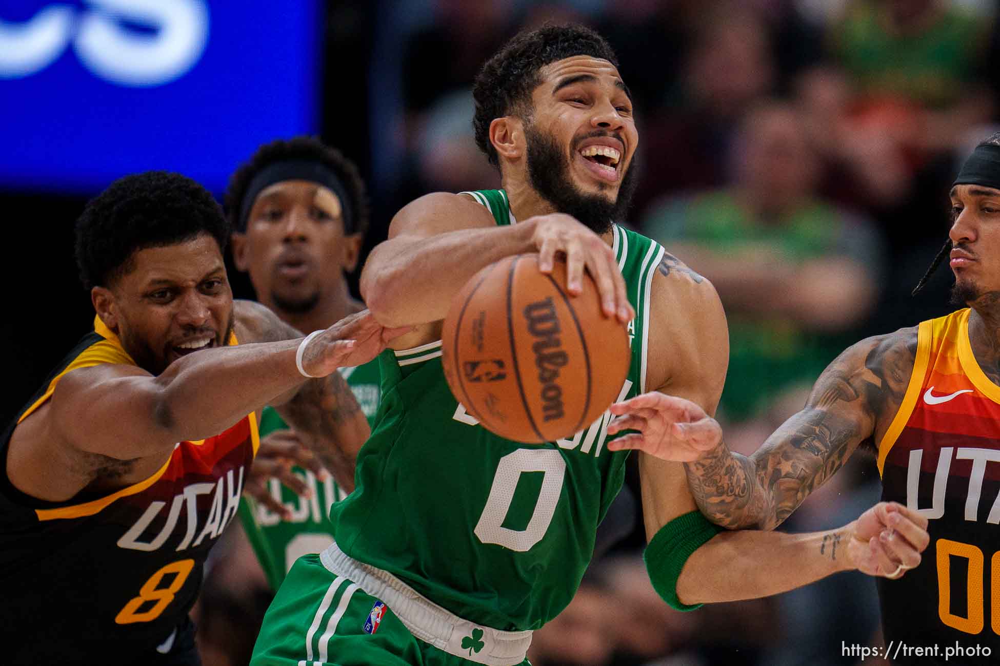 (Trent Nelson  |  The Salt Lake Tribune) Boston Celtics forward Jayson Tatum (0) and Utah Jazz guard Jordan Clarkson (00) as the Utah Jazz host the Boston Celtics, NBA basketball in Salt Lake City on Friday, Dec. 3, 2021.