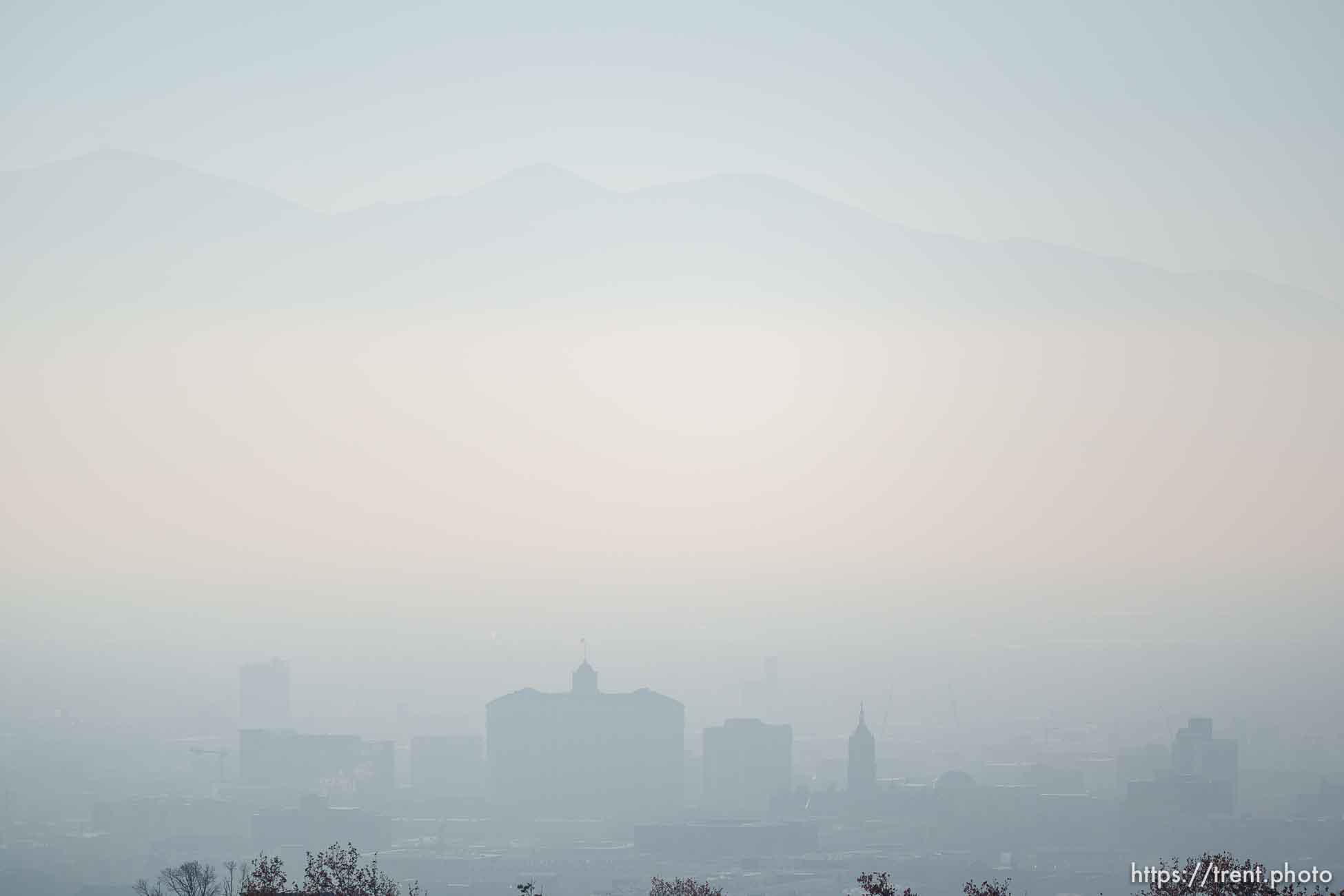 (Trent Nelson  |  The Salt Lake Tribune) Poor air quality obscures the Oquirrh Mountains and downtown Salt Lake City, as seen from the University of Utah on Friday, Dec. 3, 2021.