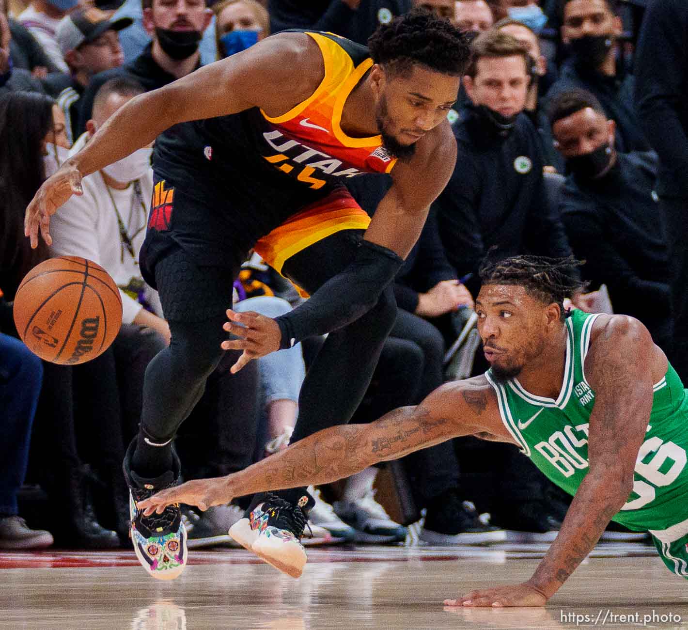 (Trent Nelson  |  The Salt Lake Tribune) Utah Jazz guard Donovan Mitchell (45) and Boston Celtics guard Marcus Smart (36) as the Utah Jazz host the Boston Celtics, NBA basketball in Salt Lake City on Friday, Dec. 3, 2021.