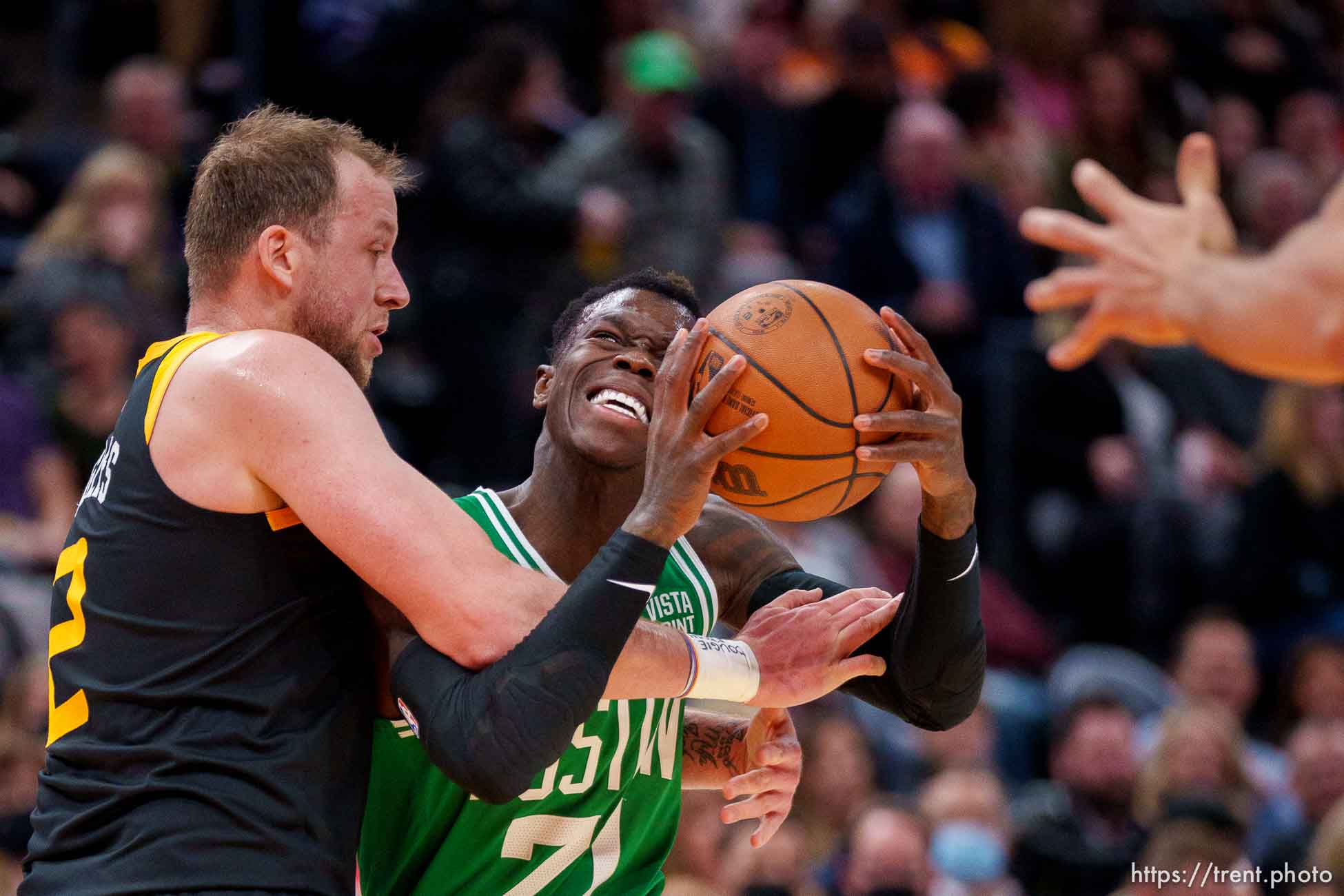 (Trent Nelson  |  The Salt Lake Tribune) Utah Jazz guard Joe Ingles (2) fouls Boston Celtics guard Dennis Schroder (71) as the Utah Jazz host the Boston Celtics, NBA basketball in Salt Lake City on Friday, Dec. 3, 2021.