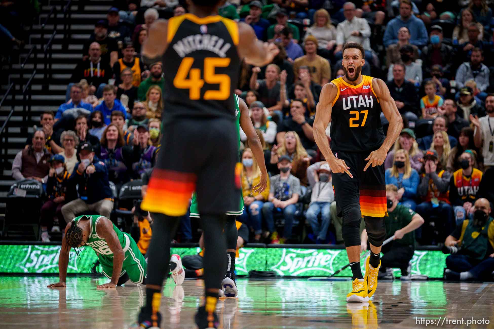 (Trent Nelson  |  The Salt Lake Tribune) Utah Jazz center Rudy Gobert (27) reacts to a foul, as Boston Celtics guard Marcus Smart (36) gets up off the floor, as the Utah Jazz host the Boston Celtics, NBA basketball in Salt Lake City on Friday, Dec. 3, 2021.