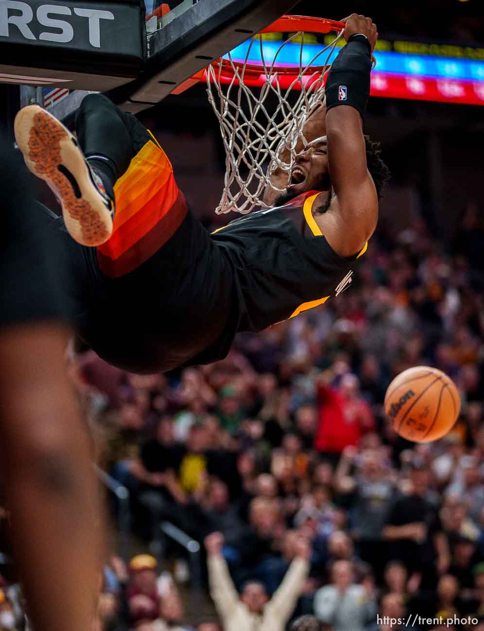 (Trent Nelson  |  The Salt Lake Tribune) Utah Jazz guard Donovan Mitchell (45) dunks as the Utah Jazz host the Boston Celtics, NBA basketball in Salt Lake City on Friday, Dec. 3, 2021.