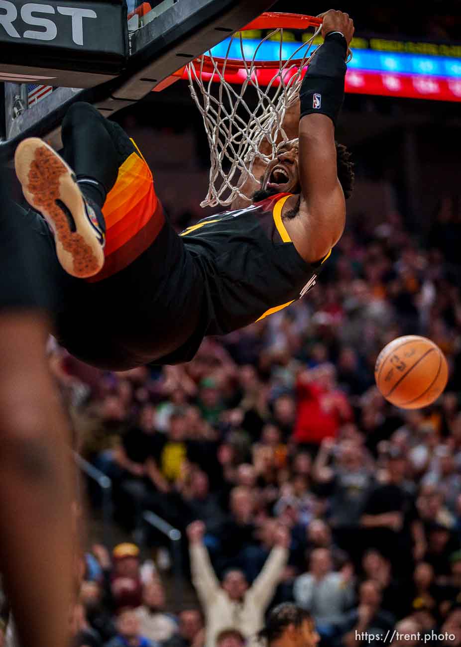 (Trent Nelson  |  The Salt Lake Tribune) Utah Jazz guard Donovan Mitchell (45) dunks as the Utah Jazz host the Boston Celtics, NBA basketball in Salt Lake City on Friday, Dec. 3, 2021.