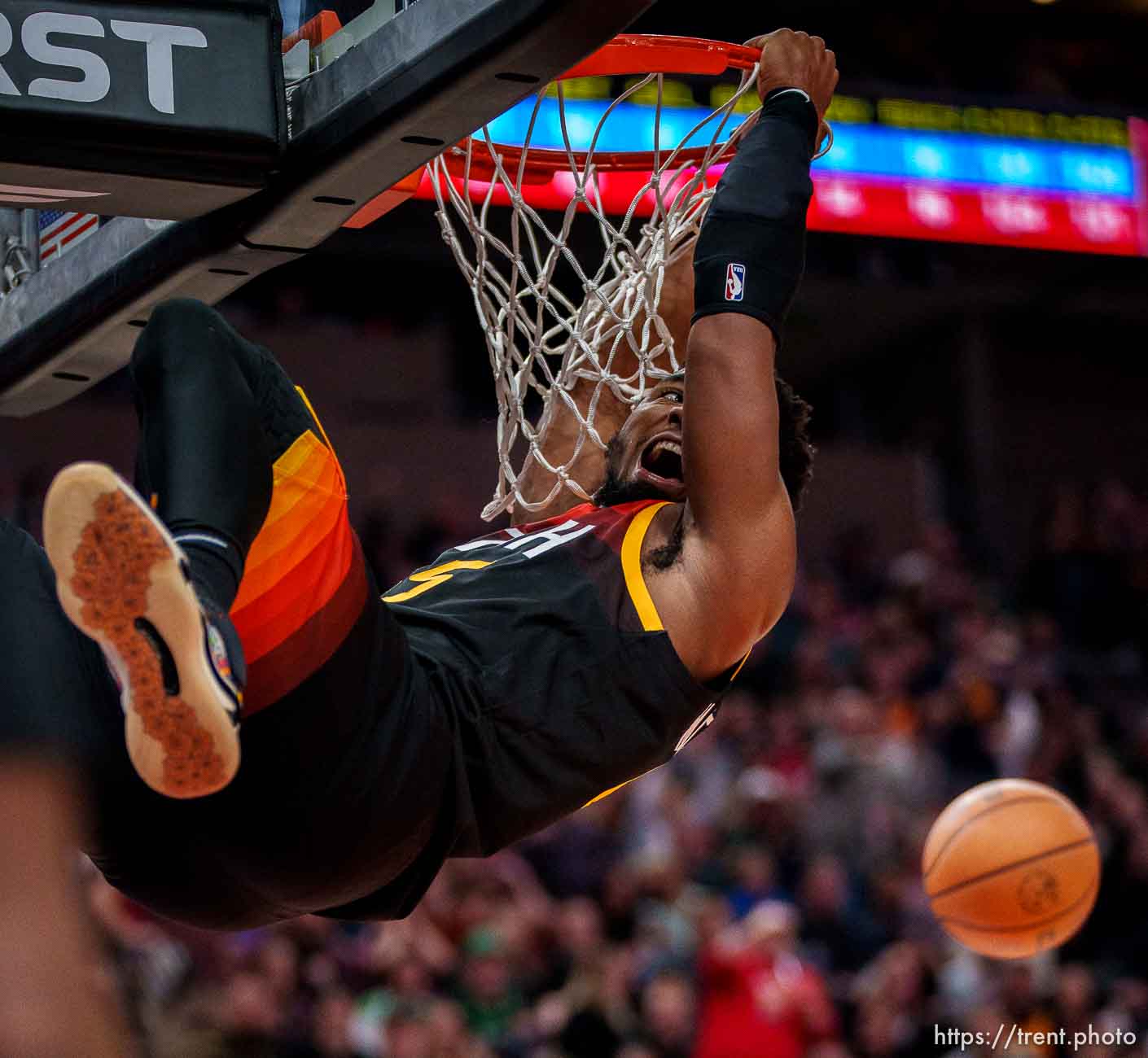 (Trent Nelson  |  The Salt Lake Tribune) Utah Jazz guard Donovan Mitchell (45) dunks as the Utah Jazz host the Boston Celtics, NBA basketball in Salt Lake City on Friday, Dec. 3, 2021.