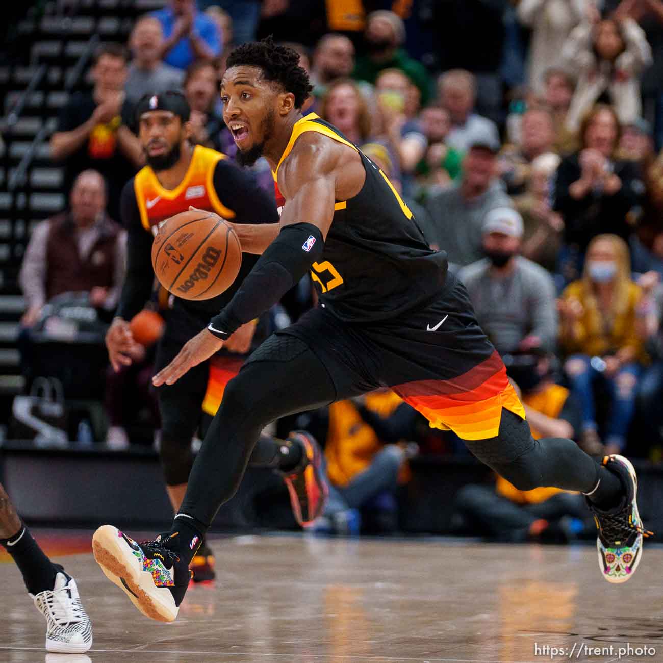 (Trent Nelson  |  The Salt Lake Tribune) Utah Jazz guard Donovan Mitchell (45) as the Utah Jazz host the Boston Celtics, NBA basketball in Salt Lake City on Friday, Dec. 3, 2021.