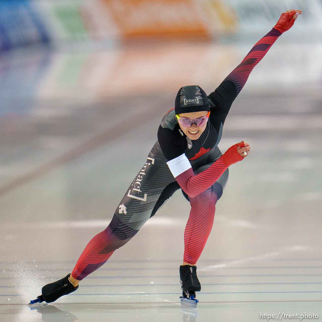 (Trent Nelson  |  The Salt Lake Tribune) 500m (2nd Race) on the second day of the International Skating Union World Cup long-track speedskating races at the Utah Olympic Oval in Kearns on Saturday, Dec. 4, 2021. Marsha Hudey (CAN), Zhang Lina (CHN)