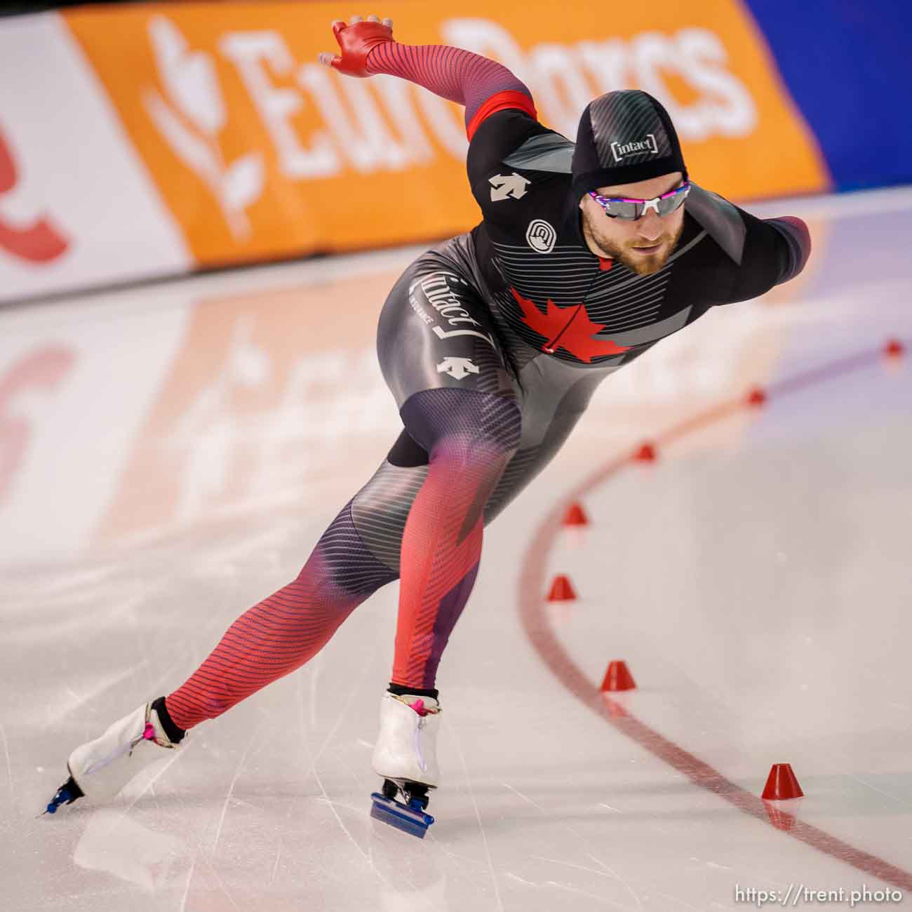 (Trent Nelson  |  The Salt Lake Tribune) Men 1000m, International Skating Union World Cup long-track speedskating races at the Utah Olympic Oval in Kearns on Sunday, Dec. 5, 2021. Laurent Dubreuil (CAN)