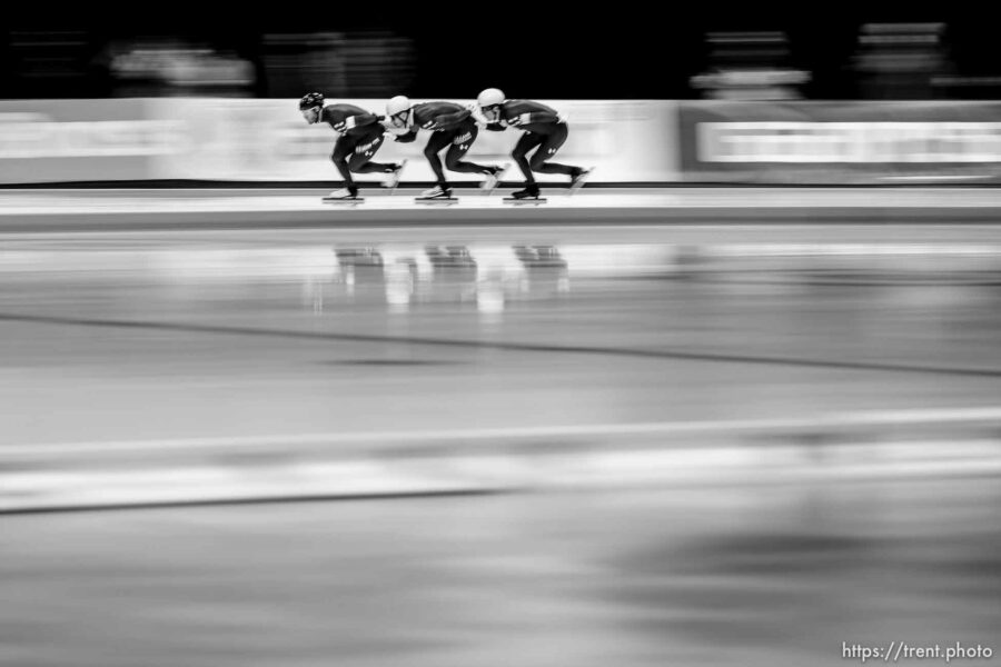 (Trent Nelson  |  The Salt Lake Tribune) Joey Mantia, Emery Lehman and Casey Dawson (USA) set a world record in Men's Team Pursuit at the International Skating Union World Cup long-track speedskating races at the Utah Olympic Oval in Kearns on Sunday, Dec. 5, 2021.