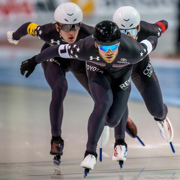 (Trent Nelson  |  The Salt Lake Tribune) Joey Mantia, Emery Lehman and Casey Dawson (USA) set a world record in Men's Team Pursuit at the International Skating Union World Cup long-track speedskating races at the Utah Olympic Oval in Kearns on Sunday, Dec. 5, 2021.