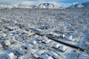 (Trent Nelson  |  The Salt Lake Tribune) Salt Lake City covered in fresh snow on Wednesday, Dec. 15, 2021.