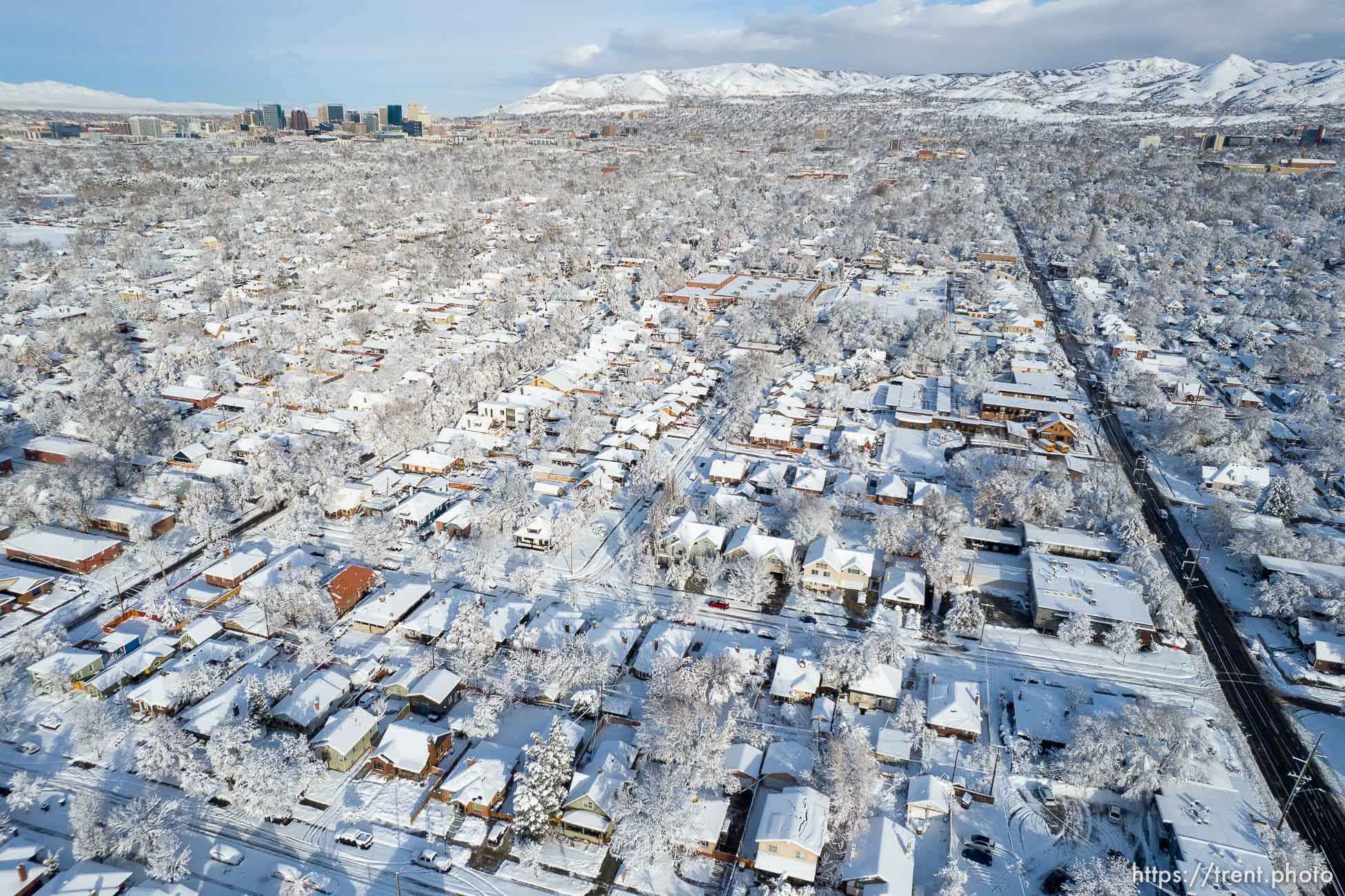 (Trent Nelson  |  The Salt Lake Tribune) Salt Lake City covered in fresh snow on Wednesday, Dec. 15, 2021.