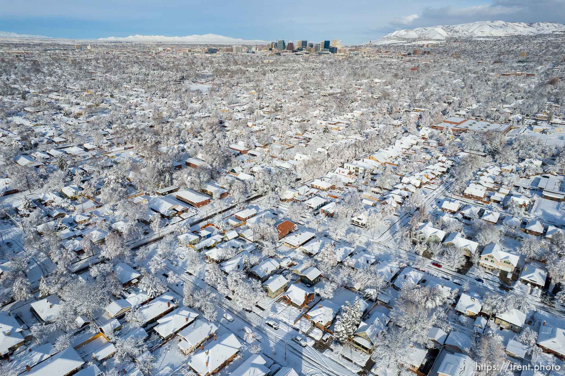 (Trent Nelson  |  The Salt Lake Tribune) Salt Lake City covered in fresh snow on Wednesday, Dec. 15, 2021.