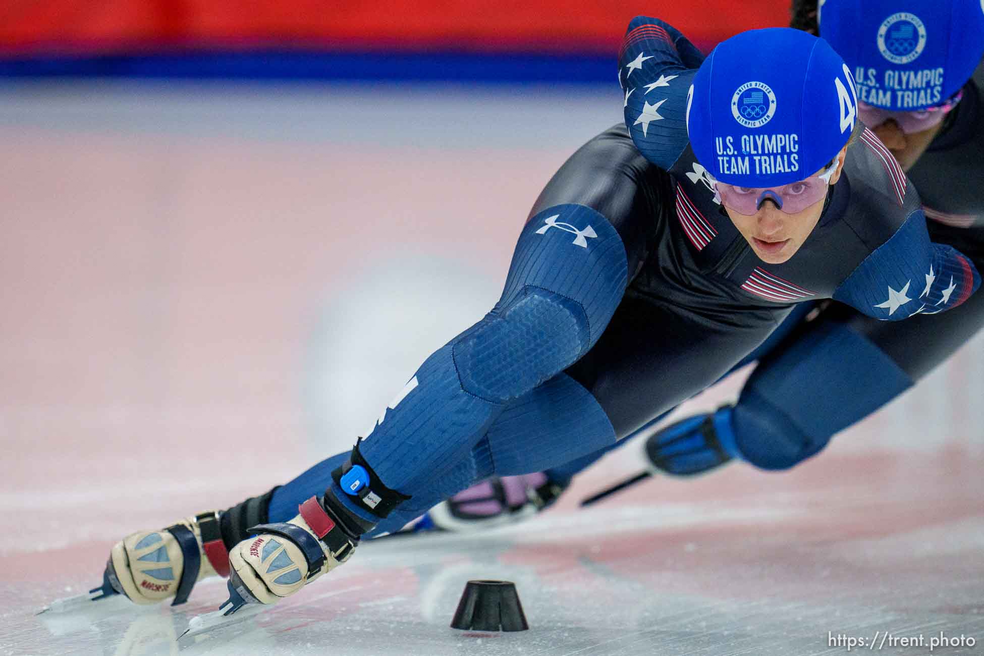 (Trent Nelson  |  The Salt Lake Tribune) Kristen Santos (40) competes in the Women's 1501m semi-final, Short Track Speed Skating, USA Team Trials, Utah Olympic Oval in Kearns on Friday, Dec. 17, 2021. Trailing Santos is Maame Biney (8).