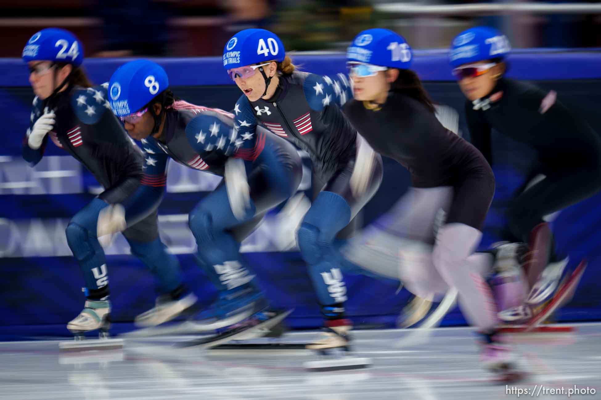 (Trent Nelson  |  The Salt Lake Tribune) Kristen Santos (40), takes first in the Women's 1501m final Short Track Speed Skating, US Team Trials, Utah Olympic Oval in Kearns on Friday, Dec. 17, 2021.