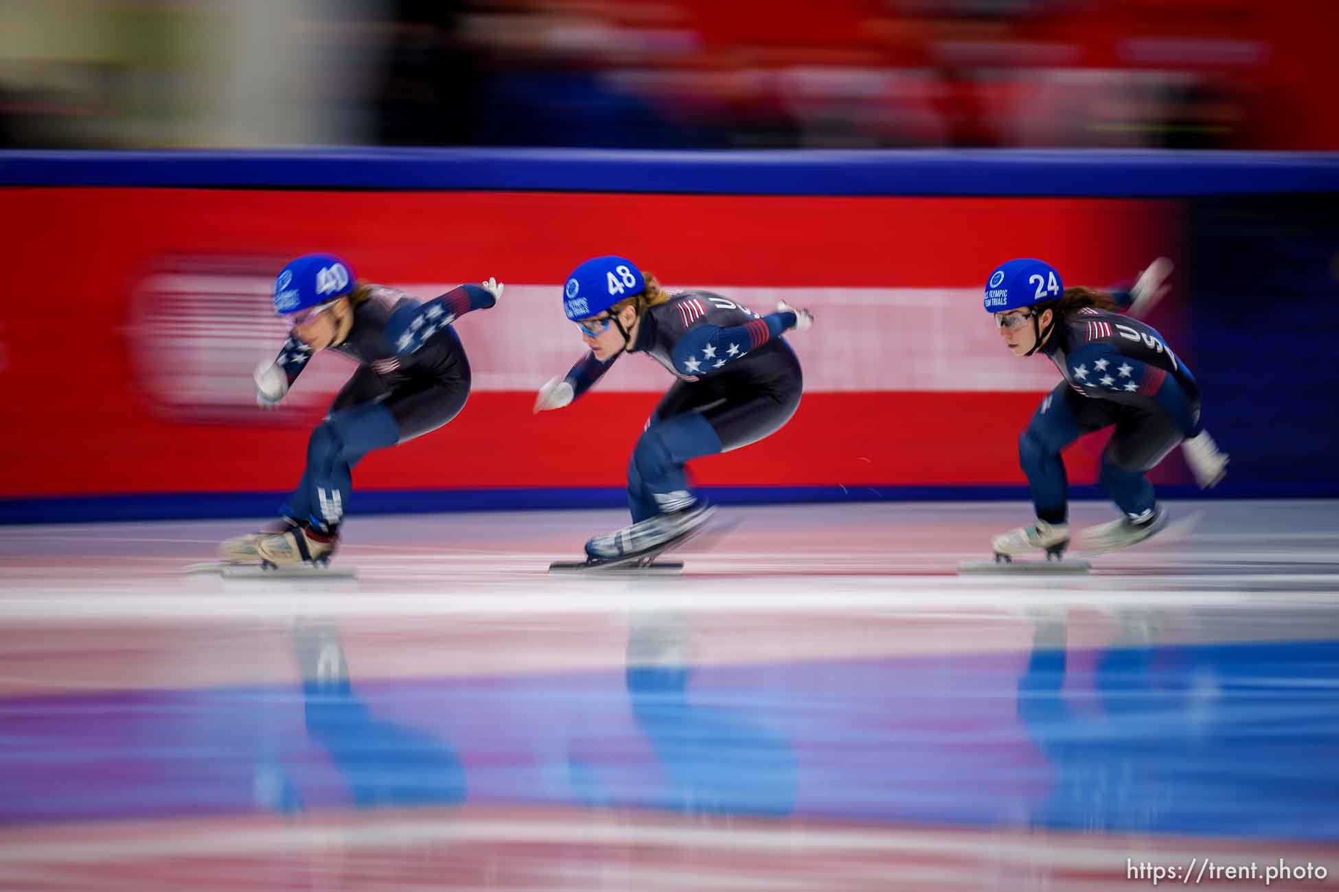 (Trent Nelson  |  The Salt Lake Tribune) Kristen Santos (40) and Corinne Stoddard (48), take first and second in the Women's 1501m final Short Track Speed Skating, US Team Trials, Utah Olympic Oval in Kearns on Friday, Dec. 17, 2021.