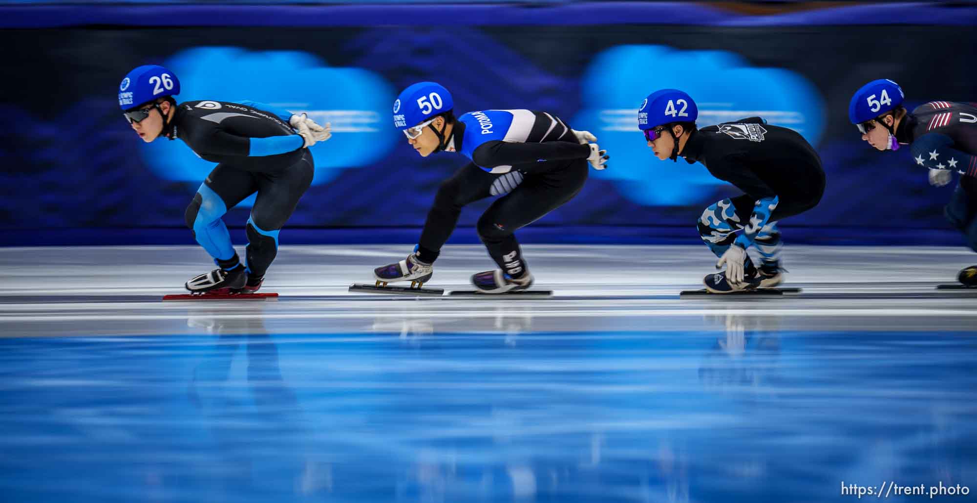 (Trent Nelson  |  The Salt Lake Tribune) Men's 1501m B final, Short Track Speed Skating, US Team Trials, Utah Olympic Oval in Kearns on Friday, Dec. 17, 2021.