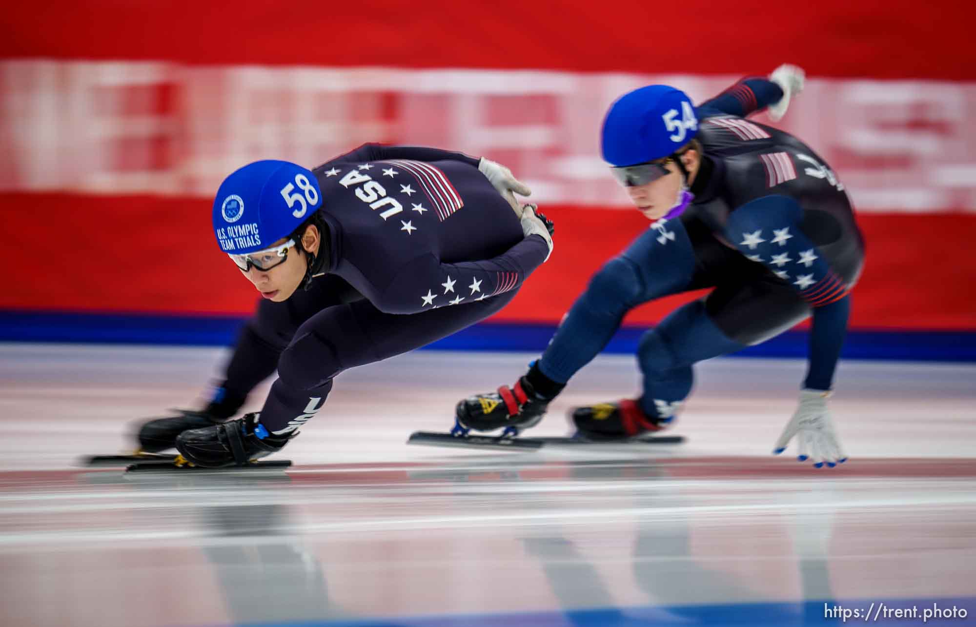 (Trent Nelson  |  The Salt Lake Tribune) Jonathan So (58) takes first in the Men's 1501m B final, Short Track Speed Skating, US Team Trials, Utah Olympic Oval in Kearns on Friday, Dec. 17, 2021.