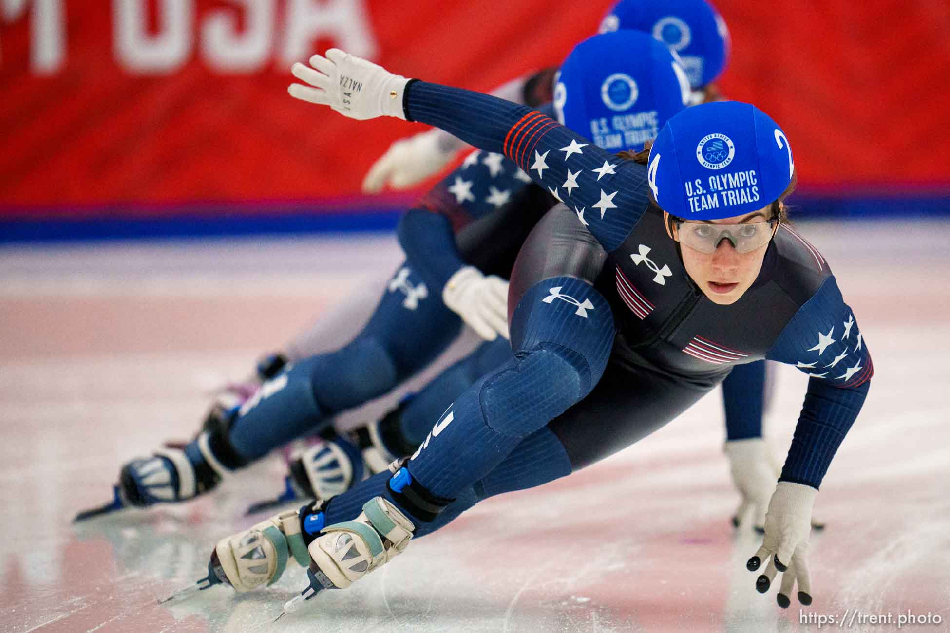 (Trent Nelson  |  The Salt Lake Tribune) Julie Letai (24), Corinne Stoddard (48), Women's 1001 semi-final, US Olympic Short Track Team Trails in Kearns on Saturday, Dec. 18, 2021.