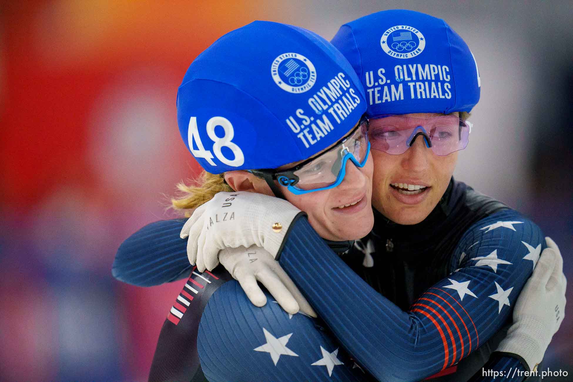 (Trent Nelson  |  The Salt Lake Tribune) Corinne Stoddard and Kristen Santos celebrate after taking first (Santos) and second in the Women's 1502 Final, Short Track Speed Skating, at the US Team Trials at the Utah Olympic Oval in Kearns on Saturday, Dec. 18, 2021.