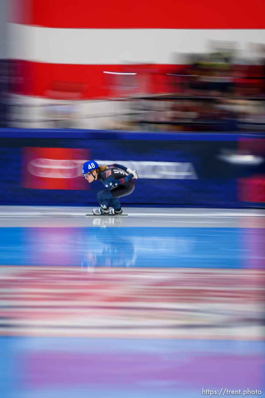 (Trent Nelson  |  The Salt Lake Tribune) Corinne Stoddard, Women's 1502 Semi-Final, Short Track Speed Skating, at the US Team Trials at the Utah Olympic Oval in Kearns on Saturday, Dec. 18, 2021.