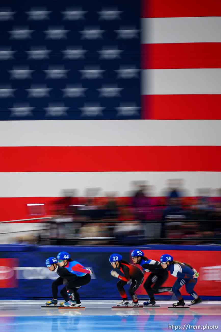 (Trent Nelson  |  The Salt Lake Tribune) Women's 1502 B Final at the US Olympic Short Track Team Trials in Kearns on Saturday, Dec. 18, 2021.