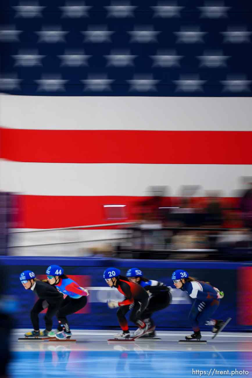 (Trent Nelson  |  The Salt Lake Tribune) Women's 1502 B Final at the US Olympic Short Track Team Trials in Kearns on Saturday, Dec. 18, 2021.