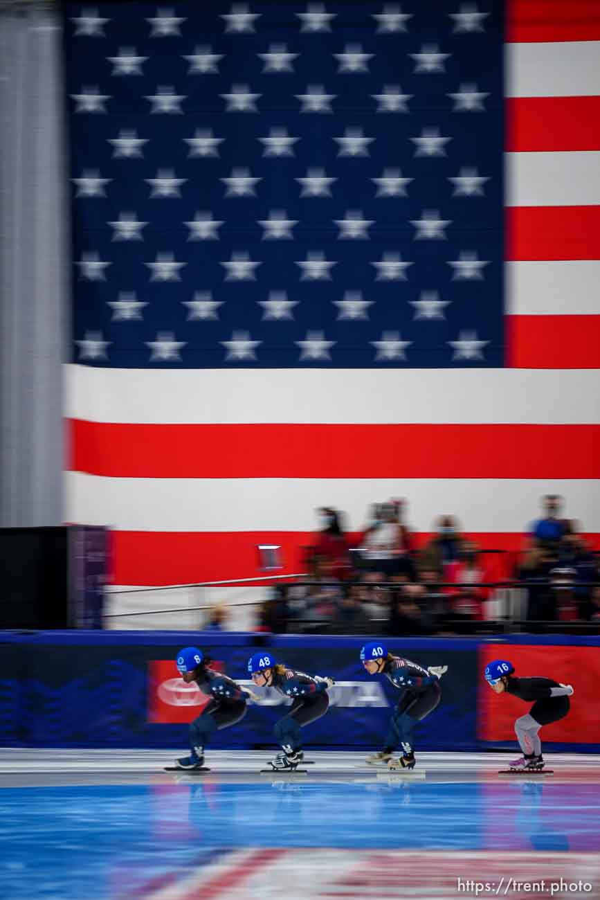 (Trent Nelson  |  The Salt Lake Tribune) Women's 1502 Final at the US Olympic Short Track Team Trials in Kearns on Saturday, Dec. 18, 2021.