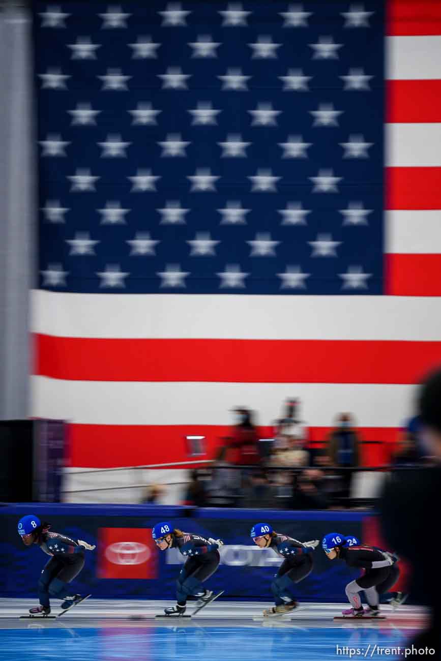 (Trent Nelson  |  The Salt Lake Tribune) Women's 1502 Final at the US Olympic Short Track Team Trials in Kearns on Saturday, Dec. 18, 2021.