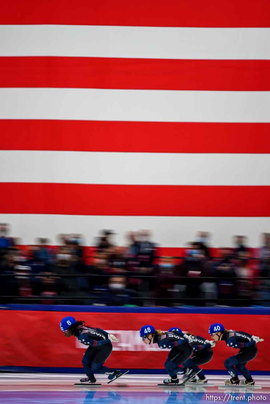 (Trent Nelson  |  The Salt Lake Tribune) Women's 1502 Final at the US Olympic Short Track Team Trials in Kearns on Saturday, Dec. 18, 2021.