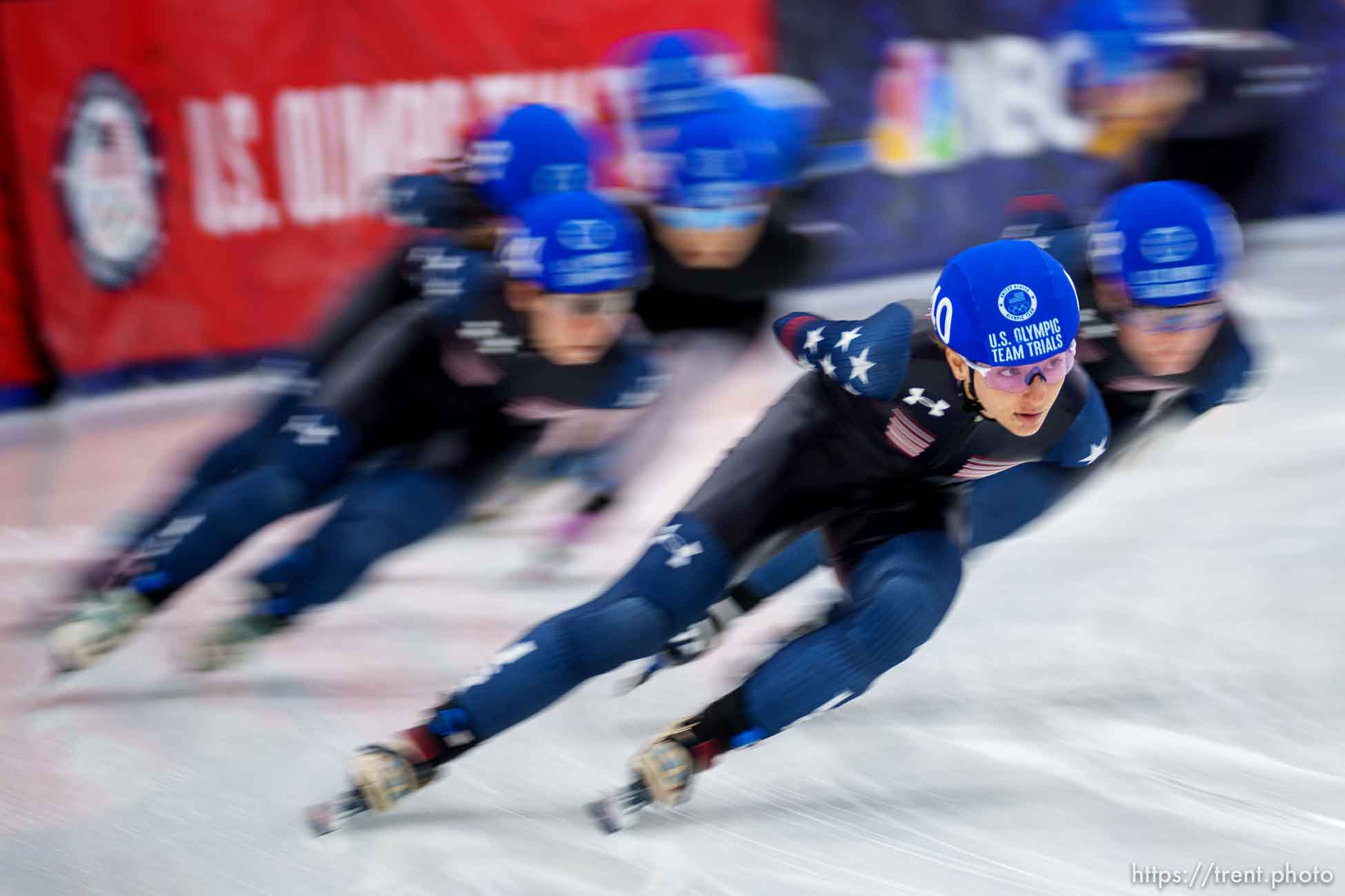 (Trent Nelson  |  The Salt Lake Tribune) Kristen Santos takes first place in the Women's 1502 Final at the US Olympic Short Track Team Trials in Kearns on Saturday, Dec. 18, 2021.