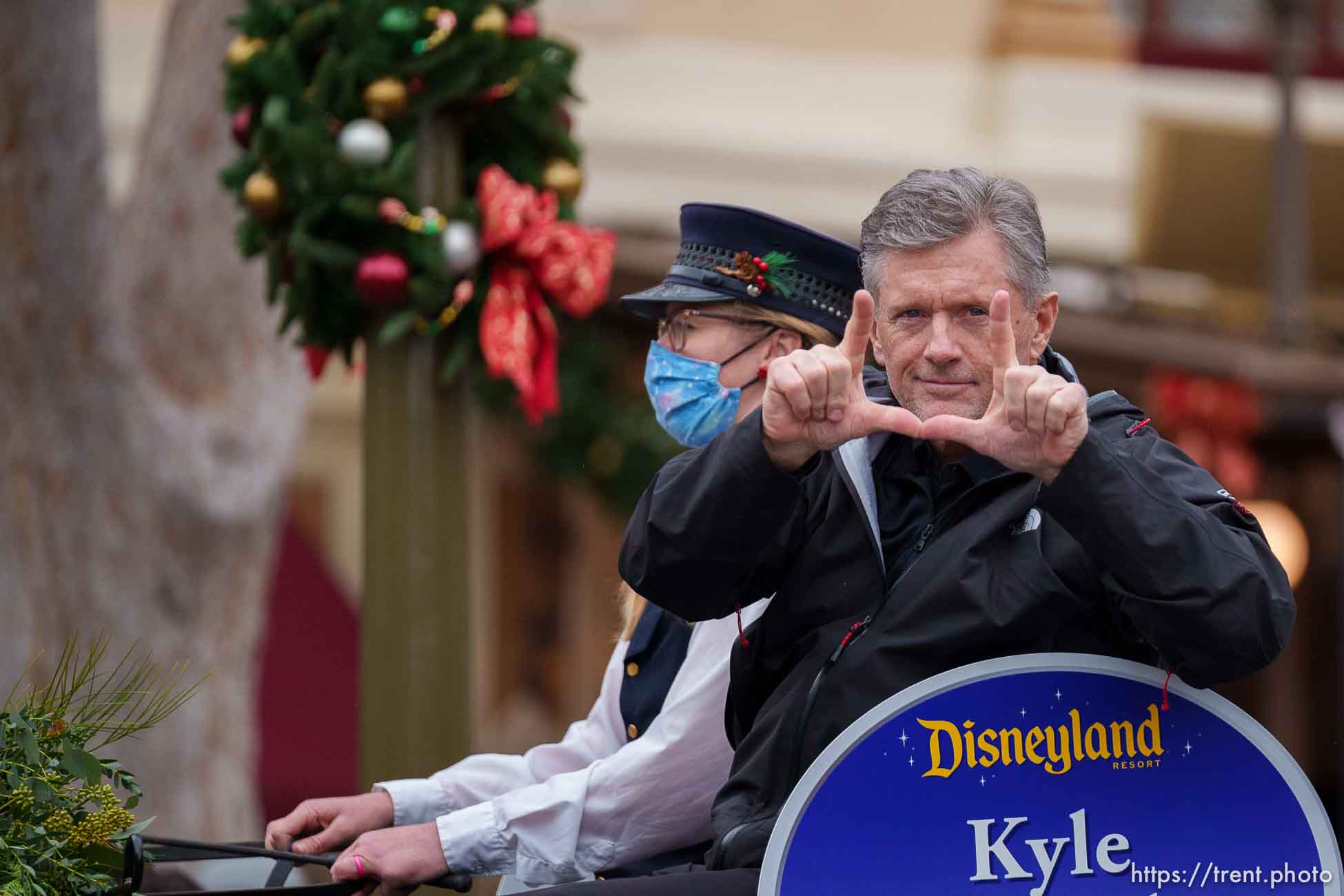 (Trent Nelson  |  The Salt Lake Tribune) Utah football coach Kyle Whittingham rides down Disneyland's Main Street in the Rose Bowl Game Cavalcade in Anaheim, Calif., on Monday, Dec. 27, 2021.