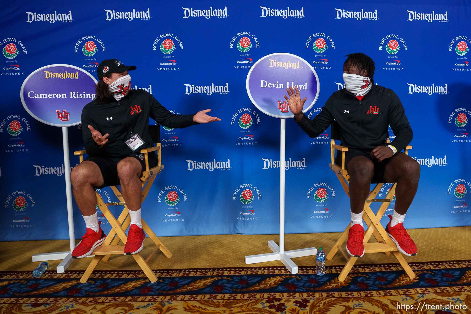 (Trent Nelson  |  The Salt Lake Tribune) Cameron Rising and Devin Lloyd during a media session at Disneyland in Anaheim, Calif., on Monday, Dec. 27, 2021.