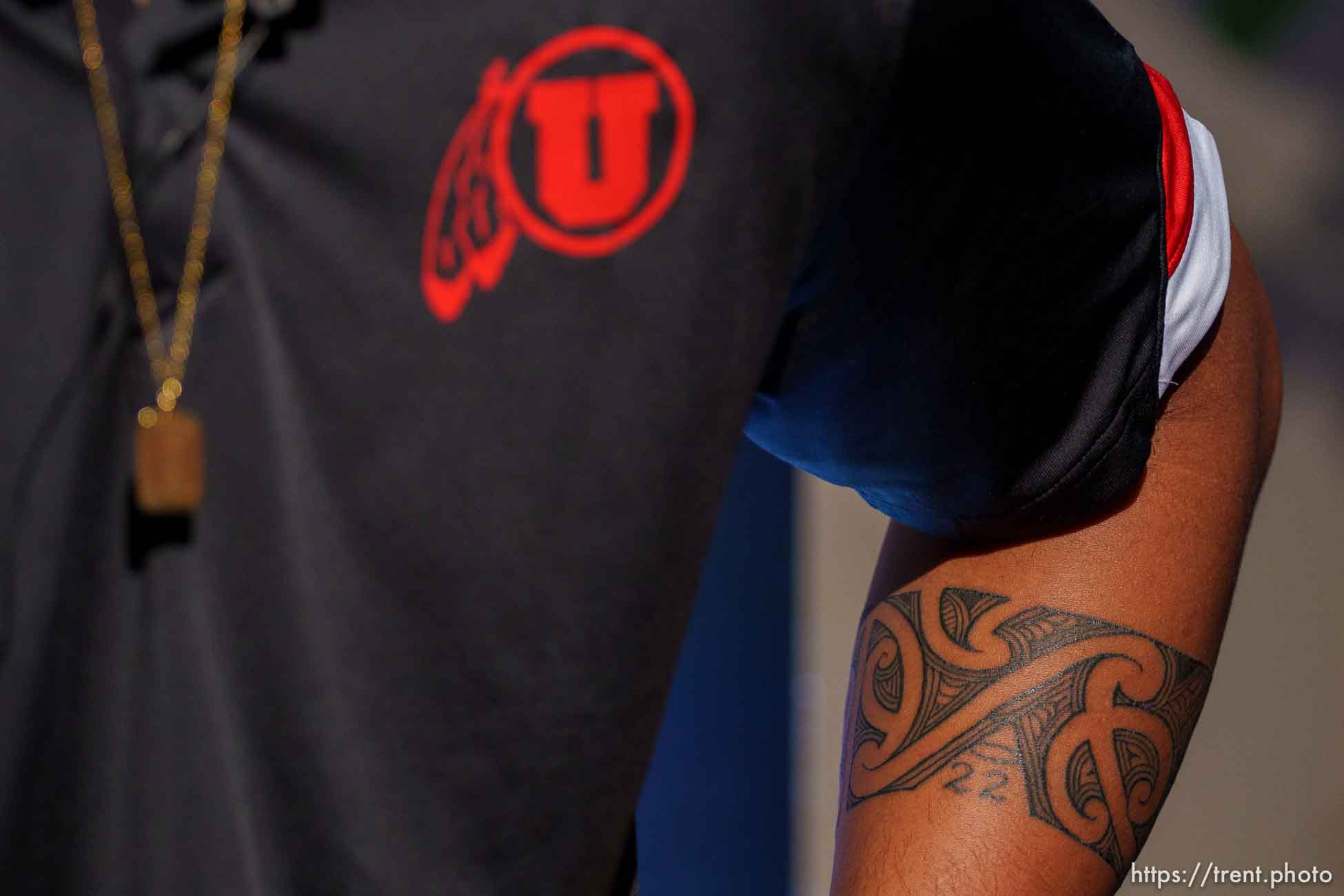 (Trent Nelson  |  The Salt Lake Tribune) Utah football linebacker Nephi Sewell's tattoo memorializing teammate Aaron Lowe at a Rose Bowl media session in Los Angeles, Calif., on Wednesday, Dec. 29, 2021.