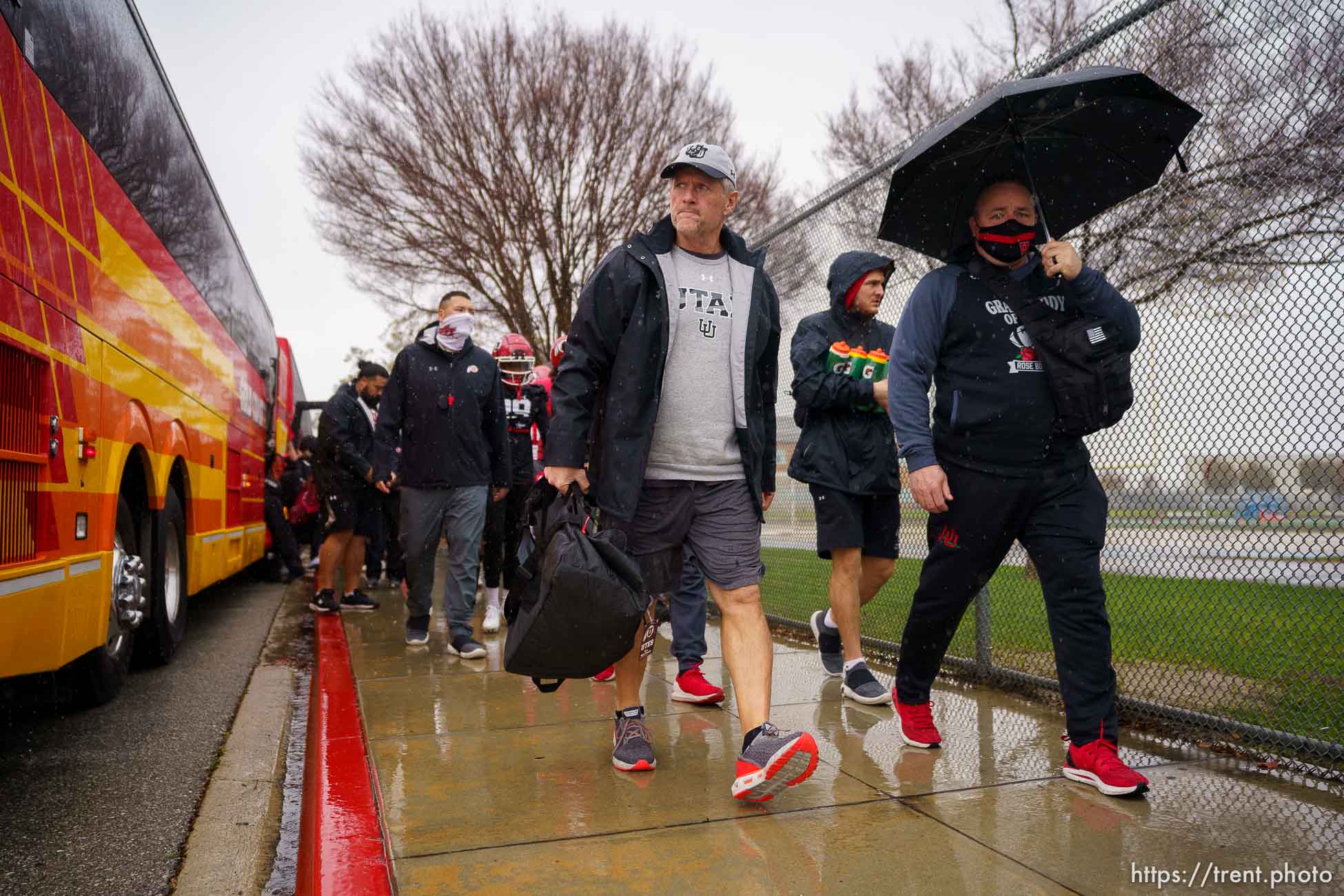 (Trent Nelson  |  The Salt Lake Tribune) Utah football coach Kyle Whittingham and the Utah Utes arrive for a practice leading up to the Rose Bowl at Harbor College in Wilmington, Calif., on Wednesday, Dec. 29, 2021.