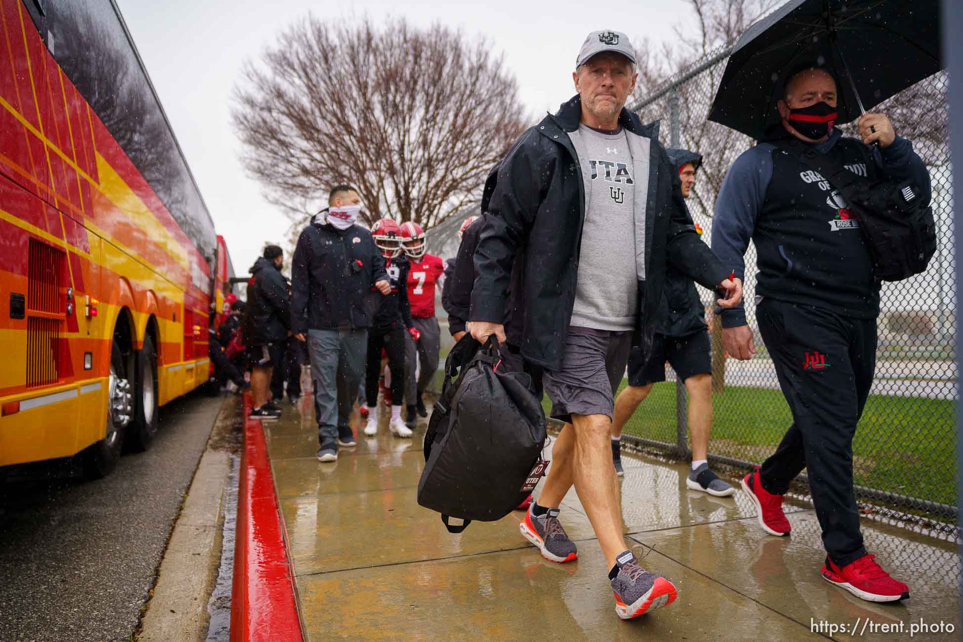 (Trent Nelson  |  The Salt Lake Tribune) Utah football coach Kyle Whittingham and the Utah Utes arrive for a practice leading up to the Rose Bowl at Harbor College in Wilmington, Calif., on Wednesday, Dec. 29, 2021.