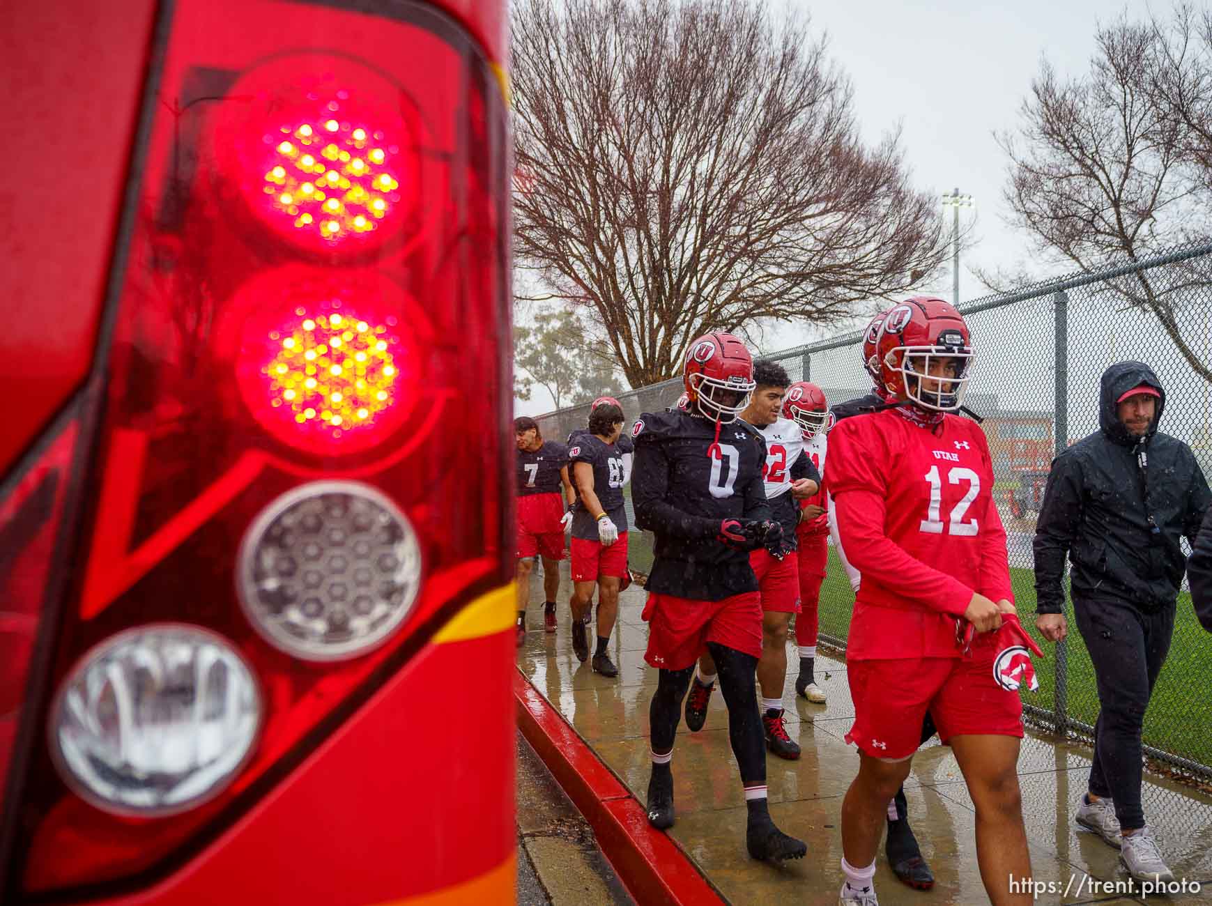 (Trent Nelson  |  The Salt Lake Tribune) The Utah Utes arrive for a practice leading up to the Rose Bowl at Harbor College in Wilmington, Calif., on Wednesday, Dec. 29, 2021.