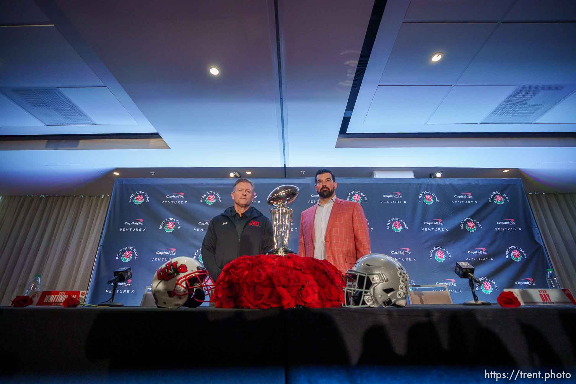 (Trent Nelson  |  The Salt Lake Tribune) Utah football coach Kyle Whittingham and Ohio State coach Ryan Day at a Rose Bowl news conference in Los Angeles, Calif., on Friday, Dec. 31, 2021.