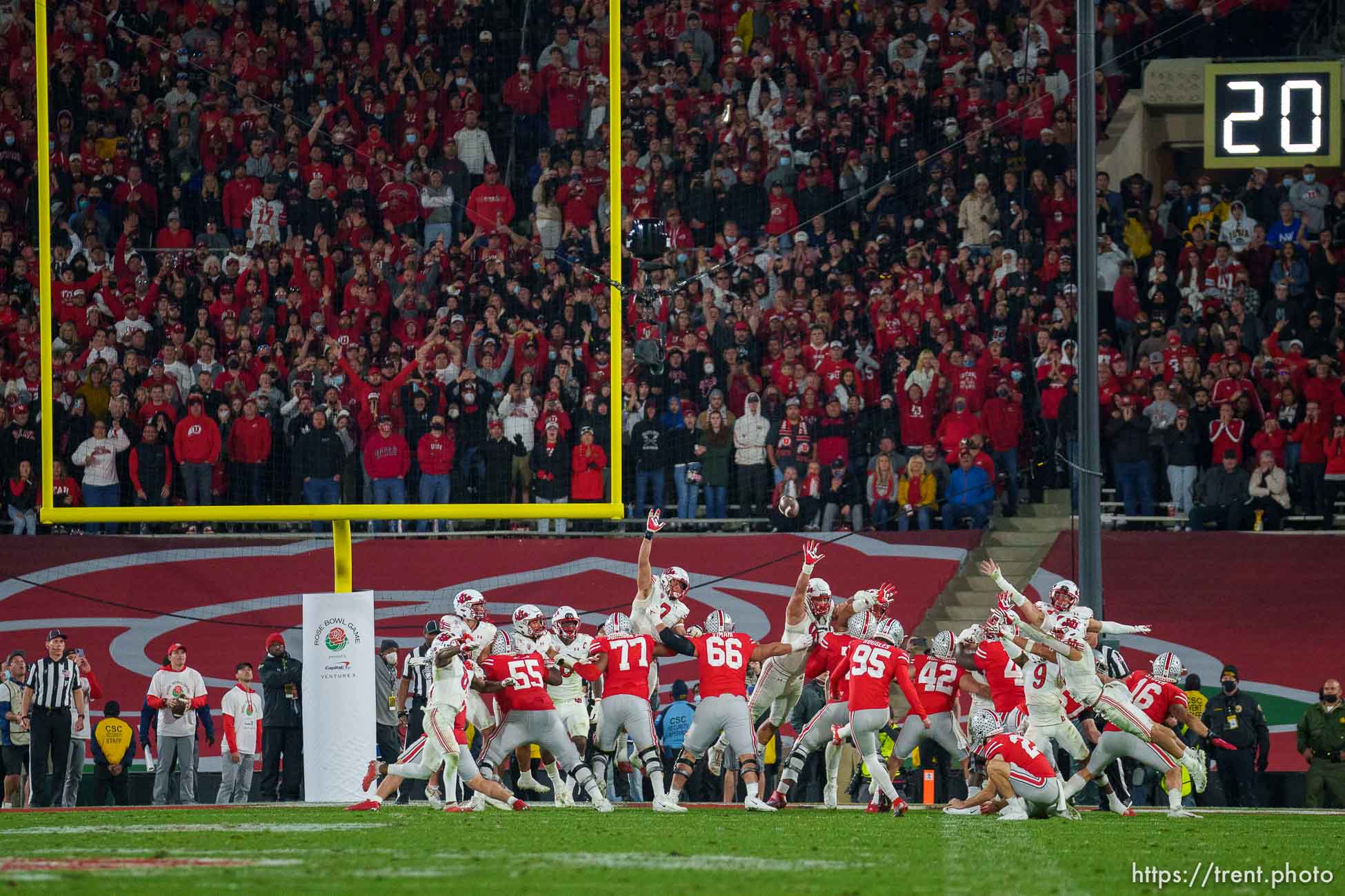 (Trent Nelson  |  The Salt Lake Tribune) Ohio State Buckeyes place kicker Noah Ruggles (95) kicks the game-winner as the Utah Utes face the Ohio State Buckeyes at the Rose Bowl in Pasadena, Calif., on Saturday, Jan. 1, 2022.