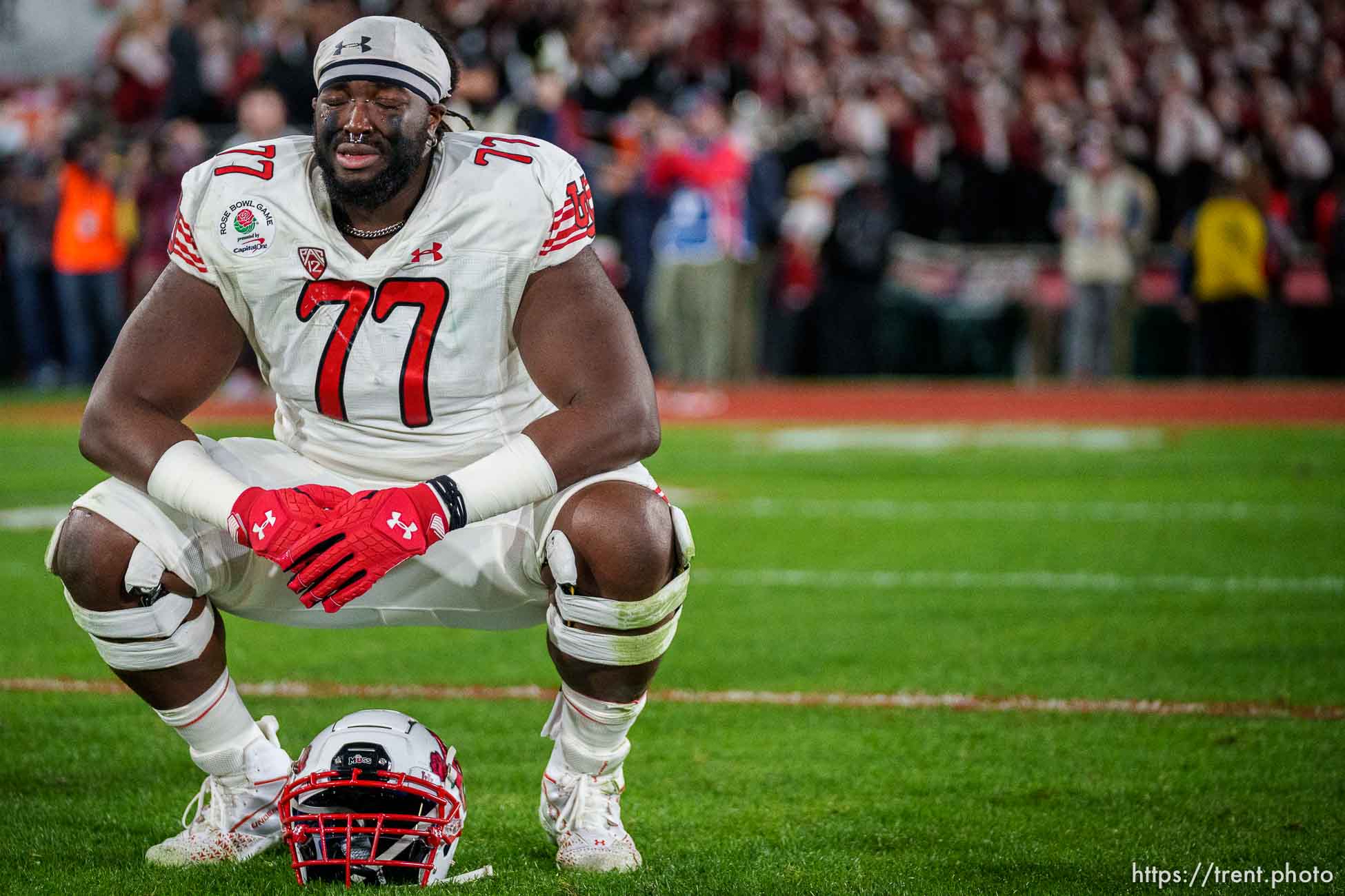 (Trent Nelson  |  The Salt Lake Tribune) Utah Utes offensive lineman Bamidele Olaseni (77) as the Utah Utes face the Ohio State Buckeyes at the Rose Bowl in Pasadena, Calif., on Saturday, Jan. 1, 2022.