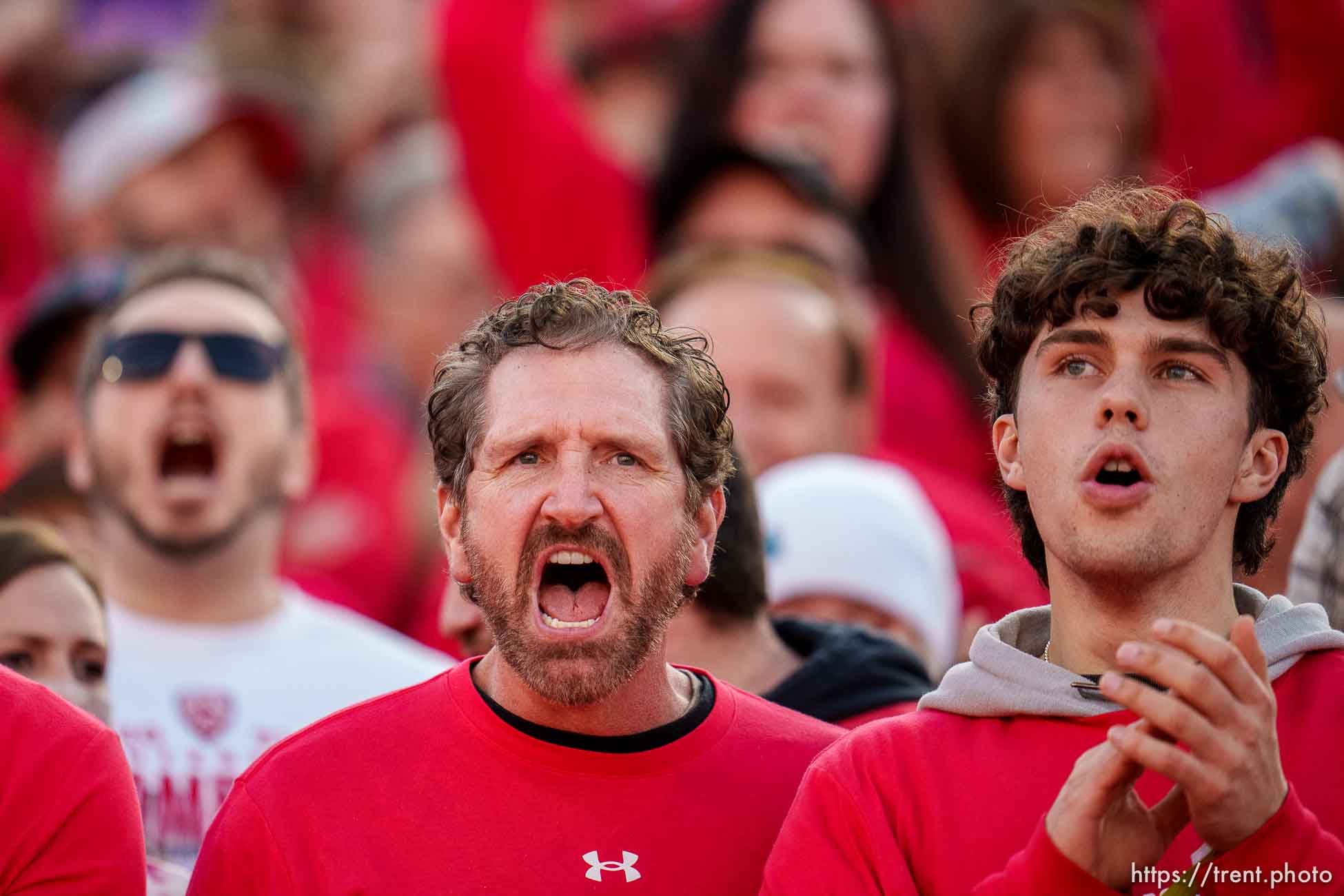 (Trent Nelson  |  The Salt Lake Tribune) Utah fans celebrate after Utah Utes wide receiver Britain Covey (18) ran a kick return for a touchdown as the Utah Utes face the Ohio State Buckeyes at the Rose Bowl in Pasadena, Calif., on Saturday, Jan. 1, 2022.