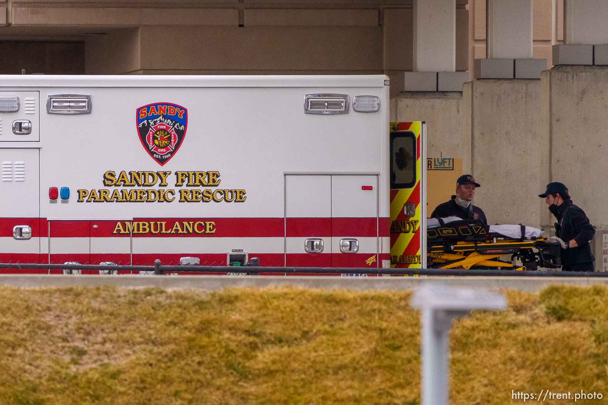 (Trent Nelson  |  The Salt Lake Tribune) An ambulance parked at Intermountain Medical Center in Murray on Thursday, Jan. 6, 2022.