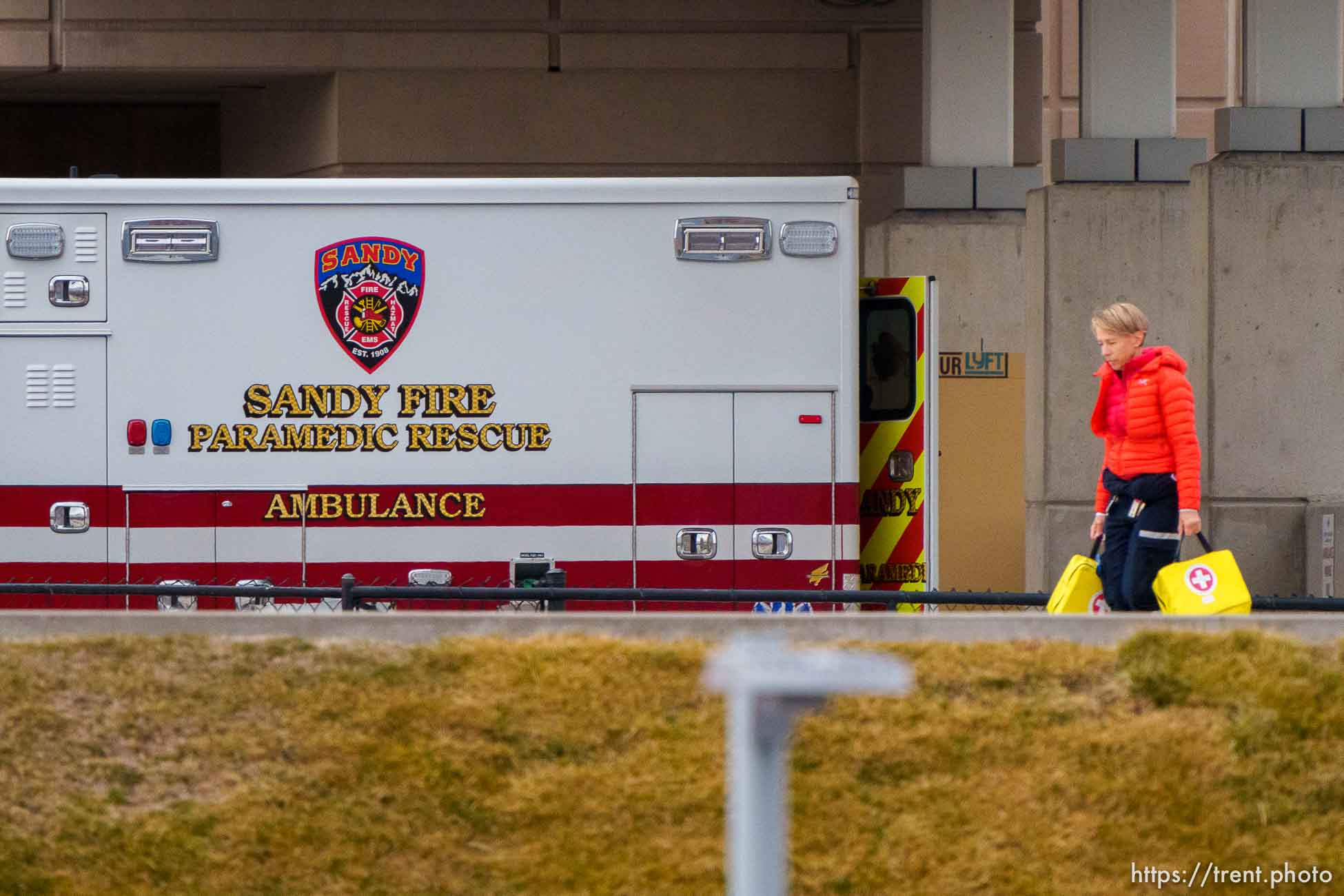 (Trent Nelson  |  The Salt Lake Tribune) An ambulance parked at Intermountain Medical Center in Murray on Thursday, Jan. 6, 2022.